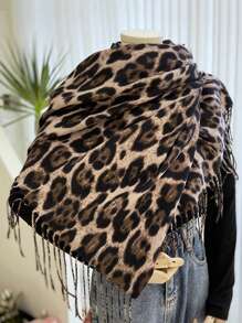 FADZOYLE 1 件卡其色女士冬季长款豹纹围巾温暖柔软毛毯围巾适合晚礼服派对旅行办公室秋季婚礼和礼物羊绒手感大号超大号彩色图案流苏披肩和围巾优雅 - 卡其色 - 查看 1
