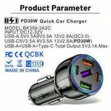Maerknon 1 个黑色车载点烟器充电器，5 个 USB Type-C 接口，双 PD 75W 快充手机充电器适配器，兼容 快充 3.0。 - 黑色 - 查看 2