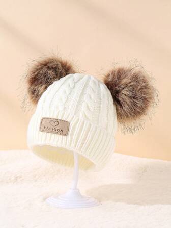 1pc Infant/Toddler Double Pom Pom Beanie With Car Logo, Twisted Knit