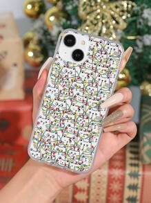 1pc Hand-Painted Christmas Lights & Cat Printed Phone Case Compatible With IPhone - Multicolor - View 1