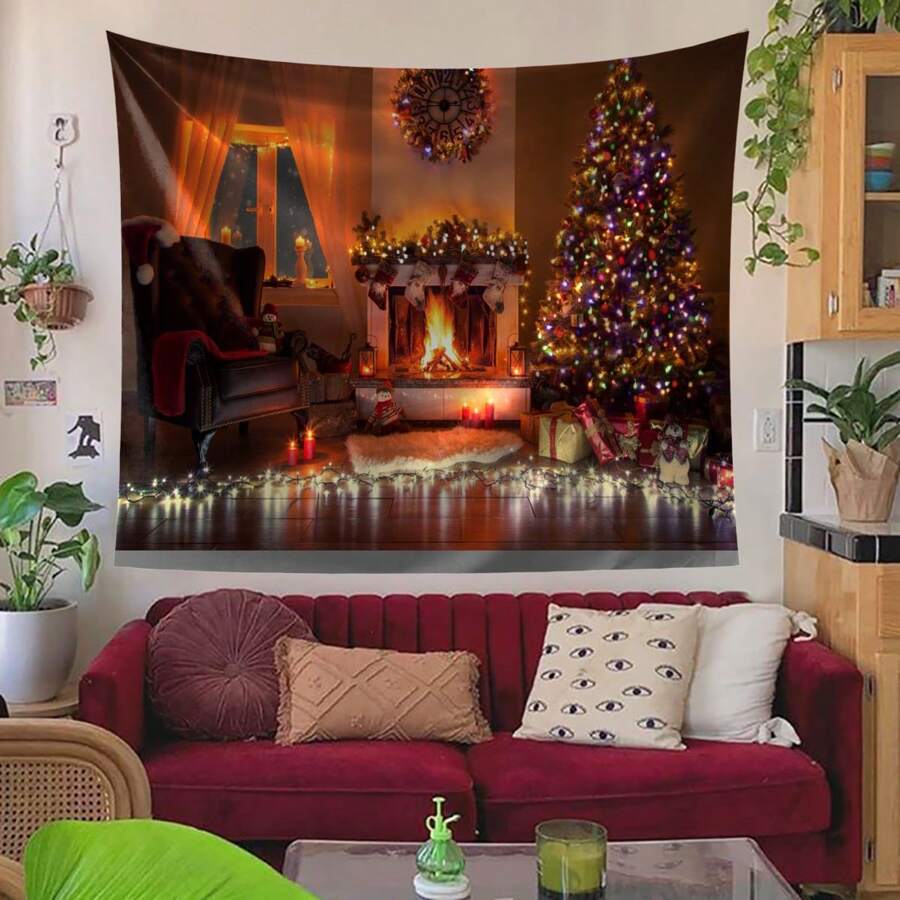 聖誕裝飾掛毯聖誕老人夜晚家庭裝飾壁爐聖誕樹禮物掛布