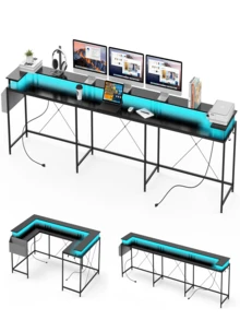 U Shaped Desk, Gaming Desk with Monitor Stand and LED Lights,Large Corner Office Table,79 Inch U Shaped Gaming Desk, Reversible L Shaped Computer Gaming Desk with Power Outlets (Black) - 黑色 - 查看 1