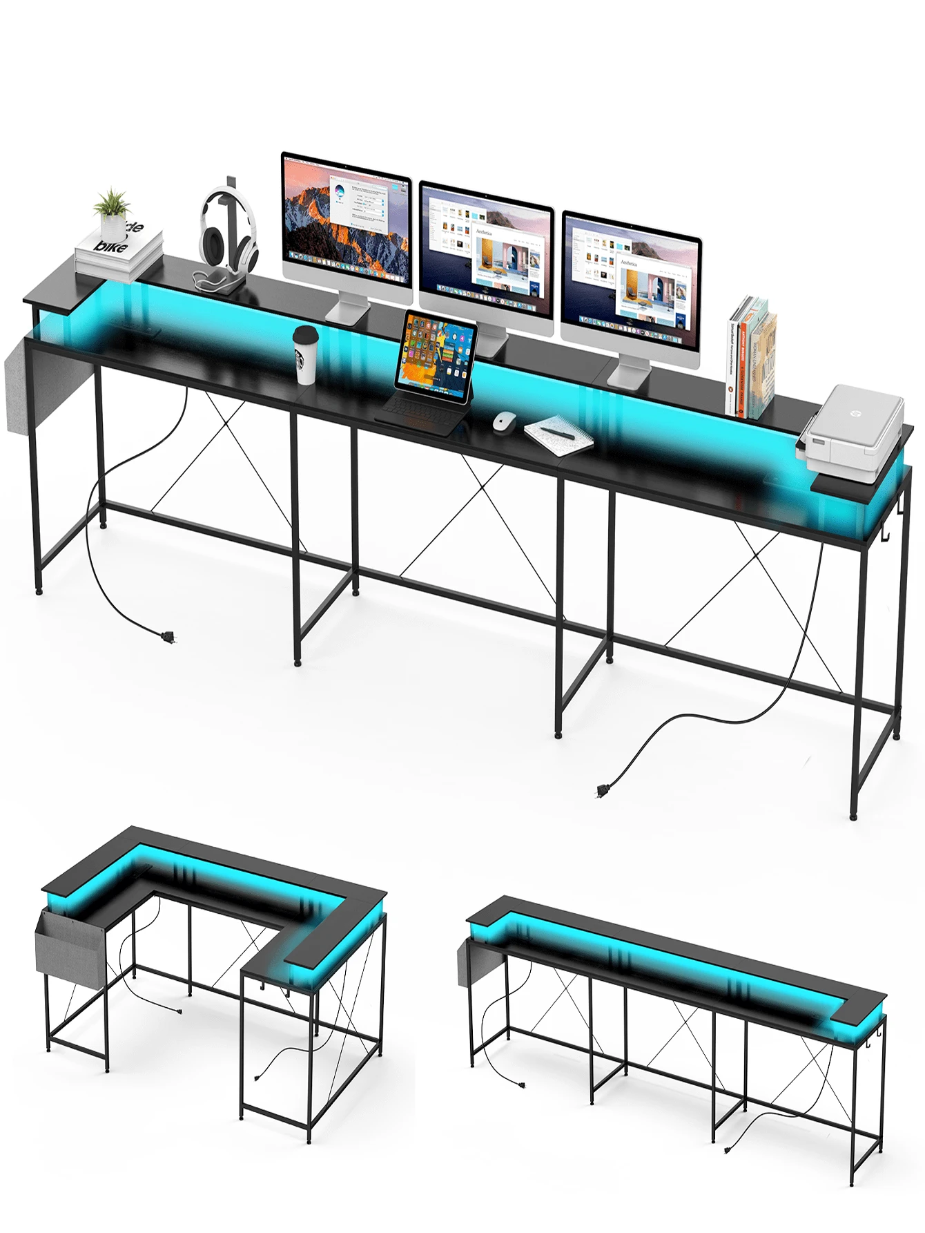 U Shaped Desk, Gaming Desk with Monitor Stand and LED Lights,Large Corner Office Table,79 Inch U Shaped Gaming Desk, Reversible L Shaped Computer Gaming Desk with Power Outlets (Black) - 黑色 - 查看 1