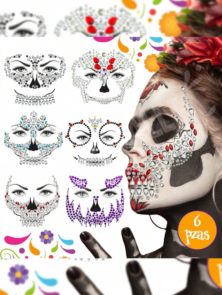 Pedrería Stickers Diamantes Perlas Cara Tatto Catrina 6 Pzs - Multicolor - Ver 1
