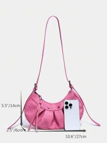 1pc Pink Shoulder Bag With Rivet Decor And Folded Design For Women, Adjustable Strap, Suitable For Daily Use - Pink - View 5