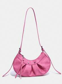 1pc Pink Shoulder Bag With Rivet Decor And Folded Design For Women, Adjustable Strap, Suitable For Daily Use - Pink - View 2
