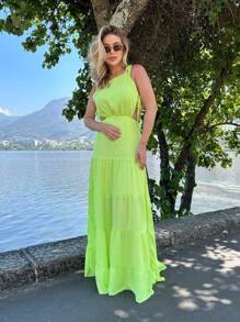 Roupas Femininas/ Vestido / longo / vazado / lateral / decotado/ camadas / alcinha EM9180-31 - Verde Limão - Visão 6