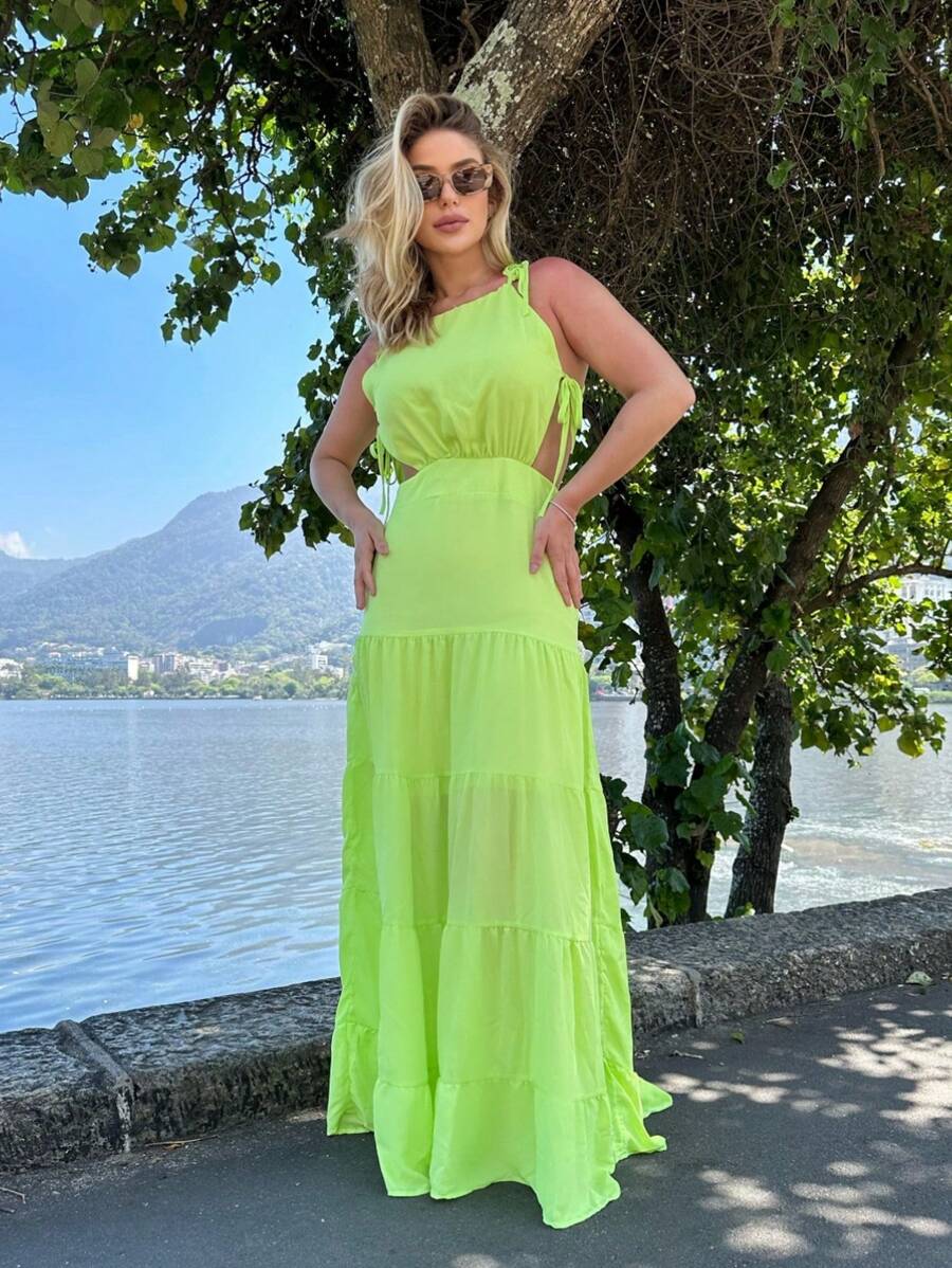 Roupas Femininas/ Vestido / longo / vazado / lateral / decotado/ camadas / alcinha EM9180-31 - Verde Limão - Visão 1