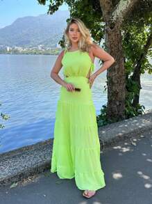Roupas Femininas/ Vestido / longo / vazado / lateral / decotado/ camadas / alcinha EM9180-31 - Verde Limão - Visão 5