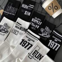 5pairs Men's Mid-calf Black Socks, Suitable For Autumn And Winter, Sailors Socks, Deodorant, Versatile, American Sports Letter Design, High Tube Socks For Boys, Ins Style, All-season Wear