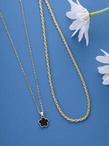 2pcs Simple & Fashionable Five-petal Flower Design Copper Necklace, Versatile For Date And Graduation Gift Giving - Black - View 2