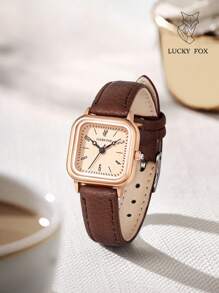 LUCKYFOX 1pc Boxed Women's Premium Minimalist Luxury Square Small Dial Quartz Watch With PU Leather Strap, Suitable For Daily Wear, Commuting, Gift-Giving, Valentine's Day Gift - Brown - View 1