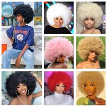 万圣节假发 柔软非洲发型 70 年代女士假发 非洲卷发假发，带刘海，看起来自然的短非洲卷发假发，适合男士的弹性白色非洲蓬松假发 合成头发 大非洲假发，适合日常派对 角色扮演 节日 圣诞节装饰 编织假发