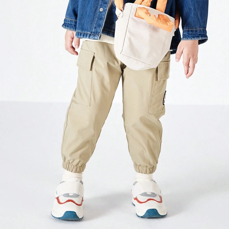 男童弹力腰斜口袋保暖羊毛内衬长裤 - 米色 - 查看 1