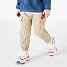 男童弹力腰斜口袋保暖羊毛内衬长裤 - 米色 - 查看 4