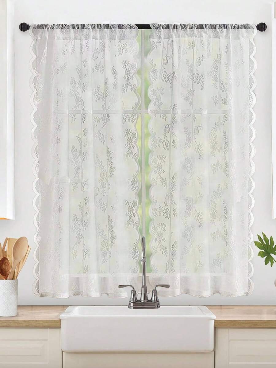 2 Piezas De Cortinas De Encaje Bordado Semi-opacas Para Ventanas De Cocina Adecuadas Para Dormitorio, Baño, Ventana Pequeña - Blanco - Ver 1