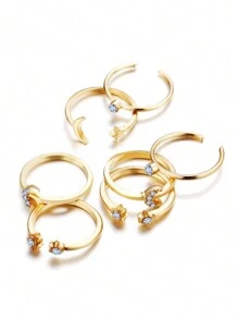 10pcs/set Random Star Moon Shaped Rhinestone Decor Joint Rings, Creative Vintage Style For Women's Daily Wear - Yellow Gold - View 3