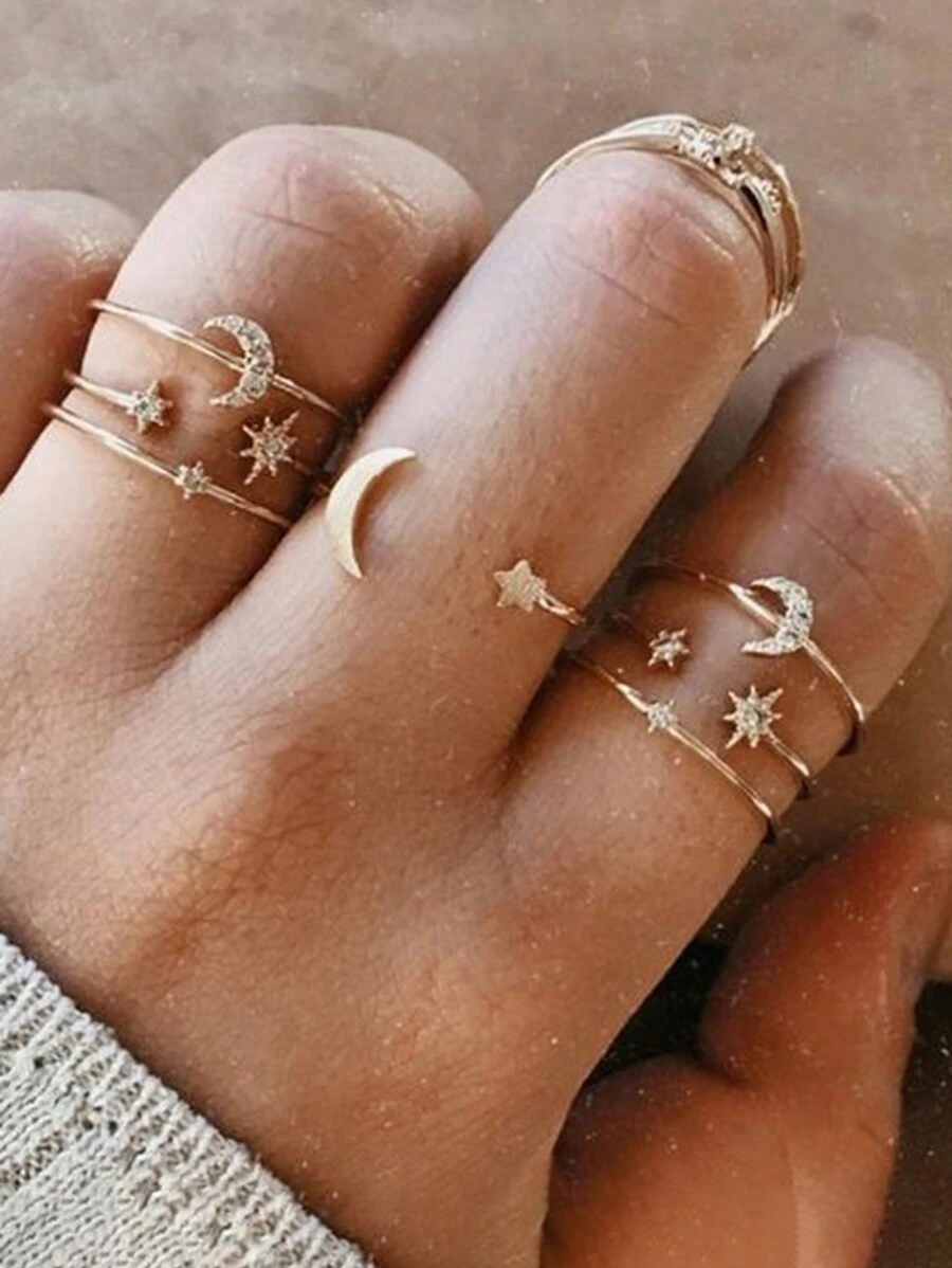 10pcs/set Random Star Moon Shaped Rhinestone Decor Joint Rings, Creative Vintage Style For Women's Daily Wear - Yellow Gold - View 1
