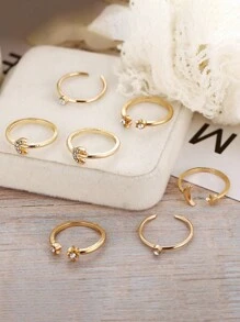 10pcs/set Random Star Moon Shaped Rhinestone Decor Joint Rings, Creative Vintage Style For Women's Daily Wear - Yellow Gold - View 6