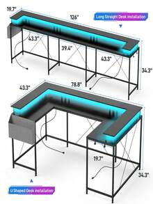 U Shaped Desk, Gaming Desk with Monitor Stand and LED Lights,Large Corner Office Table,79 Inch U Shaped Gaming Desk, Reversible L Shaped Computer Gaming Desk with Power Outlets (Black) - 黑色 - 查看 4