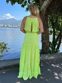 Roupas Femininas/ Vestido / longo / vazado / lateral / decotado/ camadas / alcinha EM9180-31 - Verde Limão - Visão 2