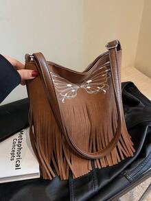 1pc Light Brown Pu Butterfly Embroidered Zipper Shoulder Crossbody Bag With Large Capacity, Suitable For Daily Use - Brown - View 2