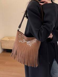 1pc Light Brown Pu Butterfly Embroidered Zipper Shoulder Crossbody Bag With Large Capacity, Suitable For Daily Use - Brown - View 3