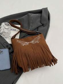 1pc Light Brown Pu Butterfly Embroidered Zipper Shoulder Crossbody Bag With Large Capacity, Suitable For Daily Use - Brown - View 8