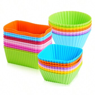 12pcs Silicone Lunch Box Divider, Muffin & Baking Cups (random Color) Square, Rectangular & Round Shaped Silicone Muffin Cups, Reusable Non-stick Cupcake Molds
