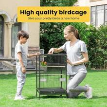 VIVOHOME 30 Inch Height Wrought Iron Bird Cage With Rolling Stand For Parrots Conure Lovebird Cockatiel Black & White