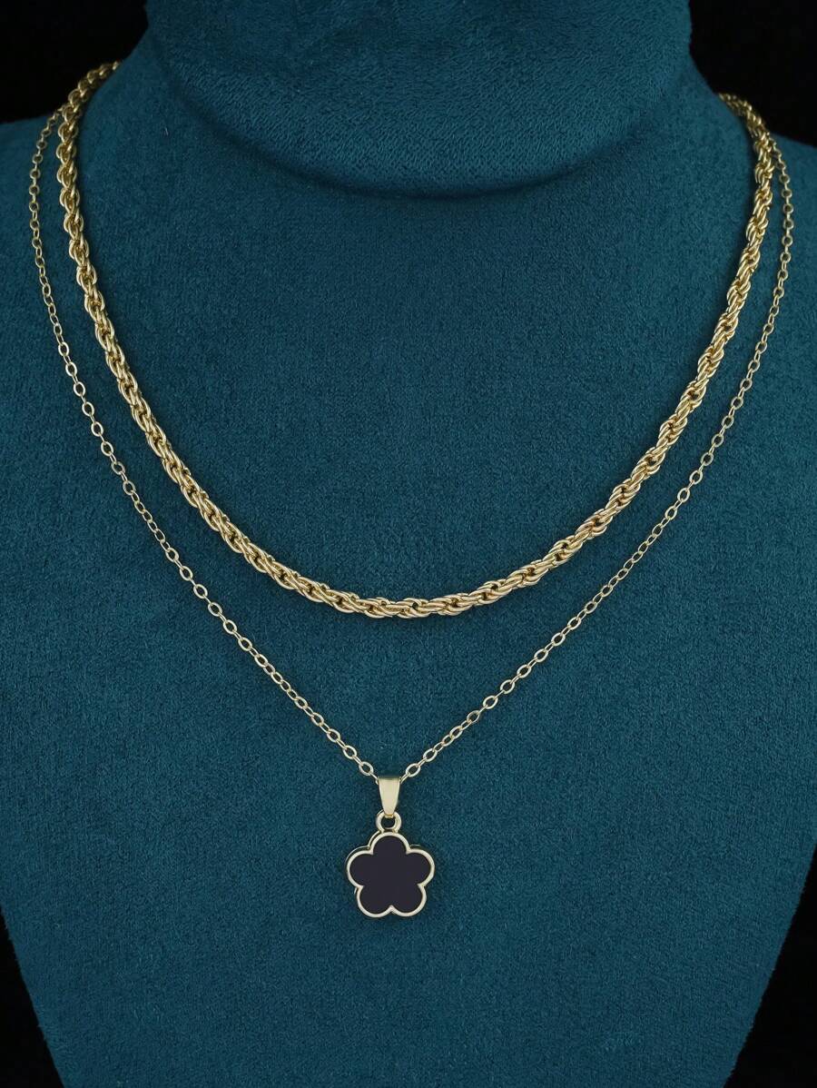 2pcs Simple & Fashionable Five-petal Flower Design Copper Necklace, Versatile For Date And Graduation Gift Giving - Black - View 1