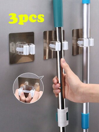 1pc/3pcs/5pcs/10pcs Powerful Traceless Mop Holder For Bathroom, No Drilling Mop Organizer With Buckle,Bag,Organizer,Storage,Kitchen