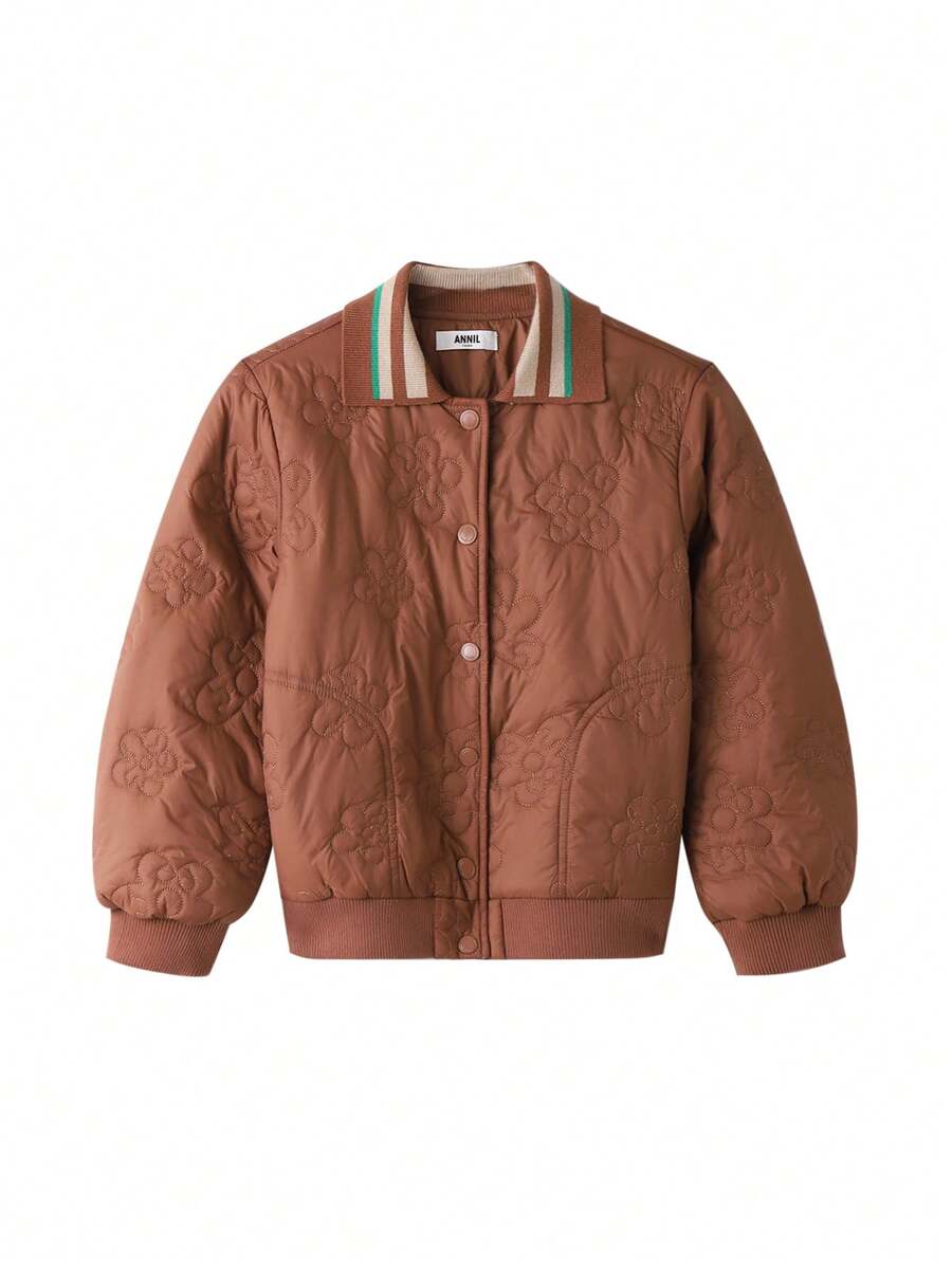 Annil 女童冬季純色甜美保暖時尚短款撞色高領冬襯衫 - 深棕色 - 棕色 - 查看 1