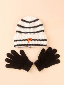 2pcs/set Embroidered Letter Design Hat & Gloves - Black and White - View 3