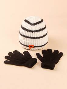 2pcs/set Embroidered Letter Design Hat & Gloves - Black and White - View 4