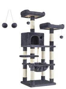 FEANDREA Árbol para Gatos de Altura 143 cm, Torre para Gatos, con 11 Postes Rascadores, 2 Plataformas, 1 Cueva, 1 Hamaca, 2 Pompones, Tela de Felpa, Multinivel, Beige/Gris - Gris - Ver 9