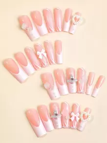 24 piezas de uñas postizas rectangulares 3D decoradas con camelias blancas, piedras preciosas rosas, moños y perlas, creando un estilo de manicura encantador. Estas uñas postizas de cobertura completa brillantes son adecuadas para mujeres y niñas para uso diario, una opción ideal para el arte de uñas. Suministros para uñas - Multicolor - Ver 2