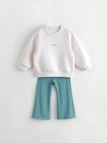 2pcs/set Young Girls' Casual Sports Raglan Sleeve Loose Round Neck Sweatshirt And Flared Pants Fall Outfits - Beige - View 1