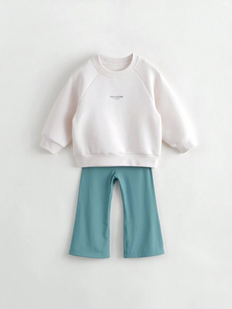 2pcs/set Young Girls' Casual Sports Raglan Sleeve Loose Round Neck Sweatshirt And Flared Pants Fall Outfits - Beige - View 1