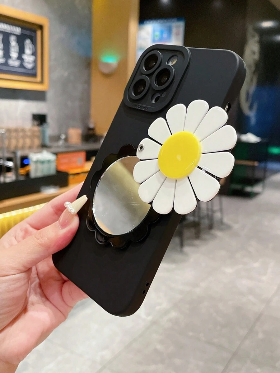 1 pezzo Custodia per telefono con motivo di girasole con specchio compatibile con Apple / Samsung / Xiaomi / Oppo / Infinix / Vivo / Realme - nero - Visualizzare 1