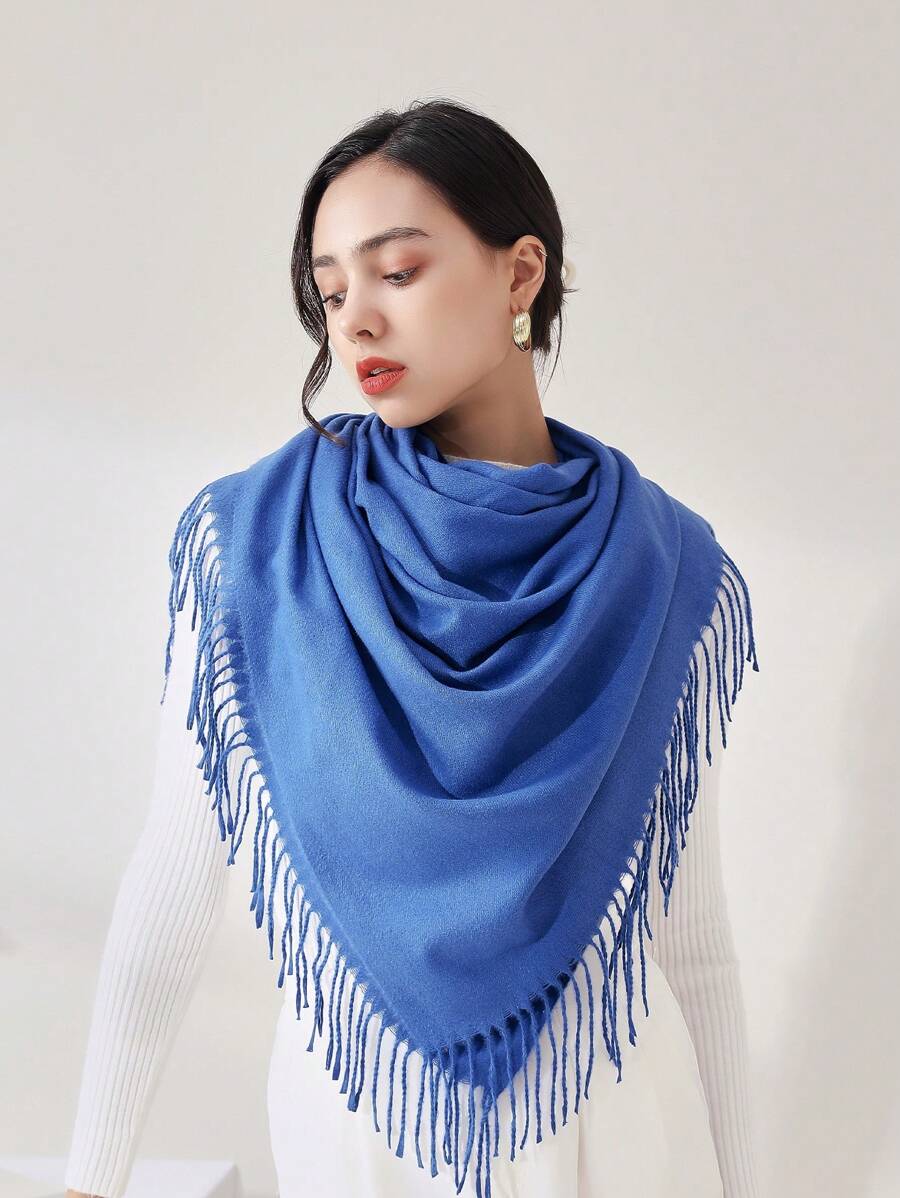 1 件女士纯色仿羊绒围巾，适合冬季，办公室披肩毯适合日常穿着 - 寶藍色 - 查看 1