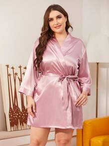 Plus Size Pink Nightgown With Waist Tie - Dusty Pink - View 1