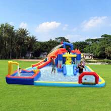 10 in1 Inflatable slide water park bouncing house garden with splash pool & water gun & basketball & climbing wall & dual pools & soccer - 彩色 - 查看 2