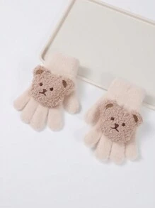1入組冬季嬰兒男女全指毛絨手套,厚實保暖的五指手套,帶有3d熊頭