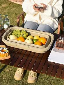 1入組野餐籃戶外防水手提籃,可折疊露營儲物籃,適用於野餐和戶外活動 - 卡其色 - 查看 4