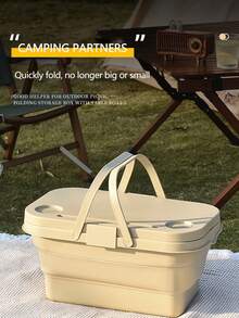 1入組野餐籃戶外防水手提籃,可折疊露營儲物籃,適用於野餐和戶外活動 - 卡其色 - 查看 10