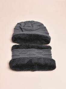 1 Set Of Men's Grey Cashmere Hat And Scarf, Thermal Knit Beanie And Neck Warmer Suitable For Winter Outdoor Activities - Grey - View 5