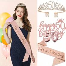 4入組50歲女士生日裝飾，包括40歲冠/頭飾、腰帶、蛋糕插旗、蠟燭，50週年慶祝裝飾50歲女士生日禮物髮梳和頭帶