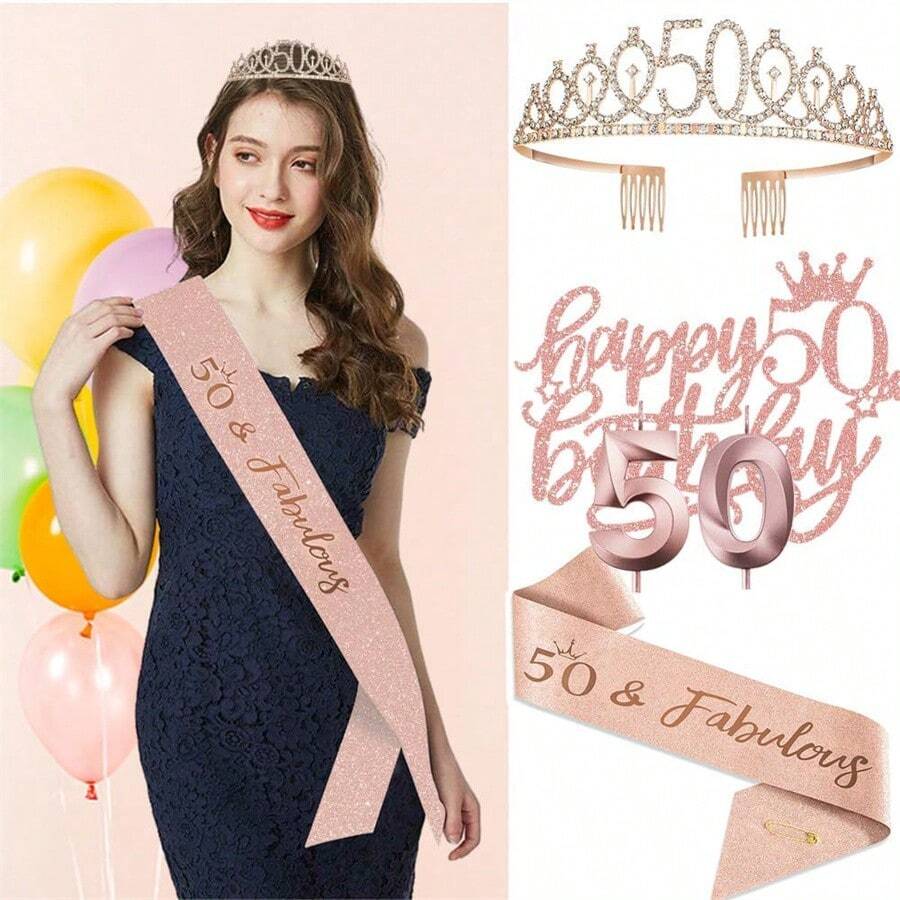 4入組50歲女士生日裝飾，包括40歲冠/頭飾、腰帶、蛋糕插旗、蠟燭，50週年慶祝裝飾50歲女士生日禮物髮梳和頭帶