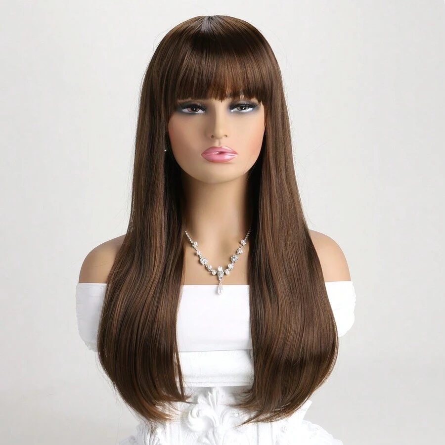 Fashionable Brown 26-Inch Natural Air Bangs Inward Curly Synthetic Fiber Hair Extension For Women - Light Brown - View 1